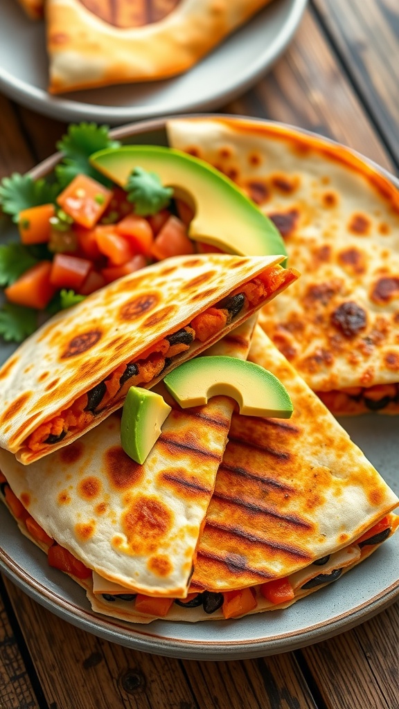 Savory sweet potato and black bean quesadillas with avocado and salsa on a wooden plate.